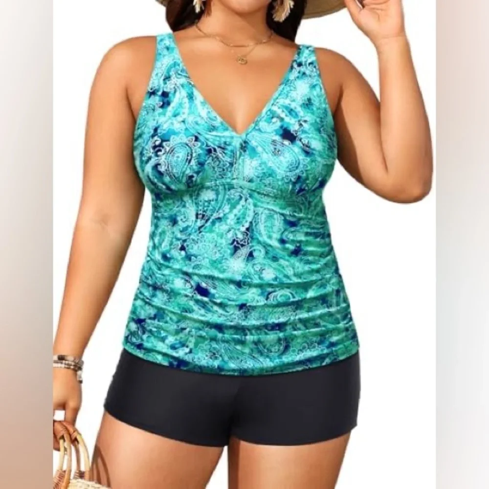Yonique Plus Size Tummy Control Tankini Two Piece Bathing Suit Athletic Swimwear - Picture 1 of 10